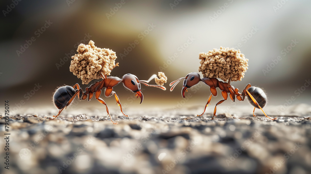 Poster two ants carrying a large object. the ants are small and brown. the image has a playful and lighthea