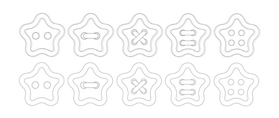 Set of white star buttons. Button with two and four holes. Sewn buttons. Sewing decor, elements.eps