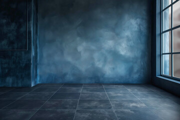 An empty living space with a dark blue wall, a large window to the right and a dark tile floor for a minimalist designer.