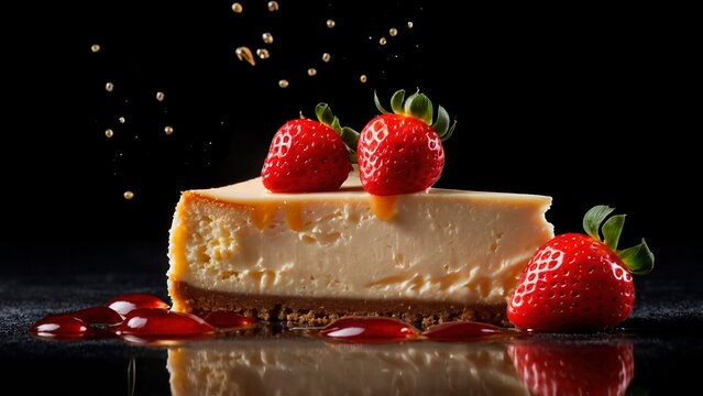 Tasty delicious juicy slice of fresh cheesecake with strawberries on black background. Beautiful sweet pastry bakery dessert food meal photography illustration wallpaper concept.