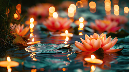 Glowing candles in the shape of lotus, lotus flowers floating on a serene water surface at dusk, symbolizing peace and spirituality. Religious Asian holiday, festival