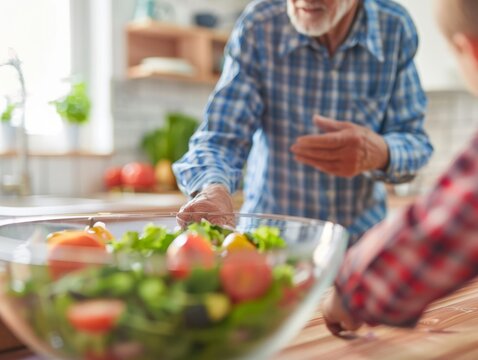 A photo of an elderly man discussing his dietary needs with a dietitian, green nutrition suggests a meal plan