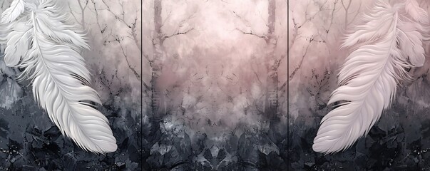 Three panel wall art showcasing a gradient marble background with feathers transitioning into a forest scene