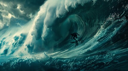 A surfer riding towering waves during a storm swell, showcasing the thrill and danger of extreme ocean conditions.