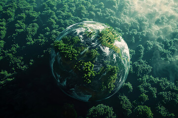 Obraz na płótnie Canvas Ecosystem and healthy environment concept. Aerial top view green forest with globe earth, Green planet. Save Earth, Texture of forest. Ecological travel, conservation, climate change, global warming