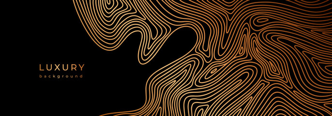 Banner with line topography map. Wavy golden design. Luxury banner with wave pattern. Flowing liquid texture. Bronze curves. Black background with gold lines. Geometric dynamical rippled surface.
