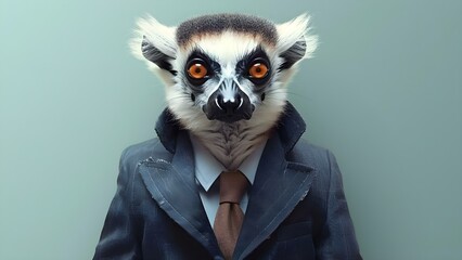 A lemur dressed to impress in a snazzy suit with tie. Concept Animal Fashion, Dressed Up Lemur, Stylish Suit, Adorable Animal, Formal Attire - obrazy, fototapety, plakaty