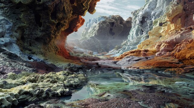 A surreal landscape of colorful mineral deposits surrounding the base of an active volcano, shaped by centuries of geological activity.