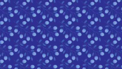 Seamless pattern with blue berries and leaves on a dark blue background