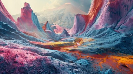 A surreal landscape of colorful mineral deposits surrounding the base of an active volcano, shaped by centuries of geological activity.