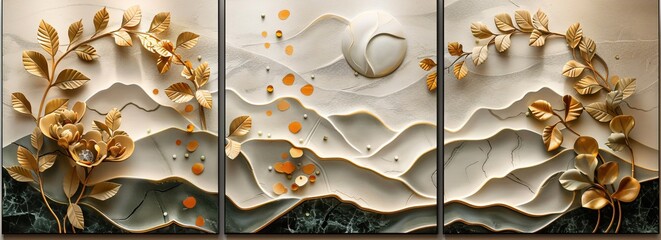 Three panels wall art golden geometrical patterns with jade stones on a marble background