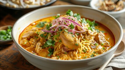 A tantalizing bowl of Khao Soi, a northern Thai noodle soup with tender chicken, egg noodles, and a rich coconut curry broth.