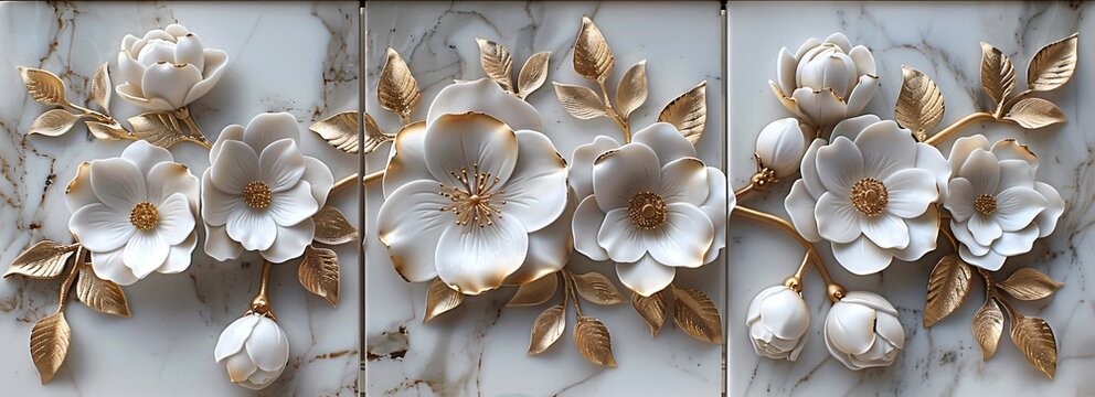 Three panels wall art with 3D white flowers and golden petals on a marble background luxury wall decoration