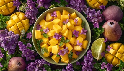 Mango cut into large pieces on trendy design Lime green plate on color of lavender surface