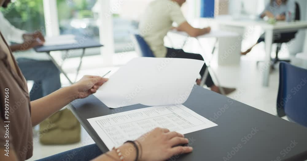 Aufkleber woman, hands and writing exam in classroom with paperwork, documents or test at school. closeup of f
