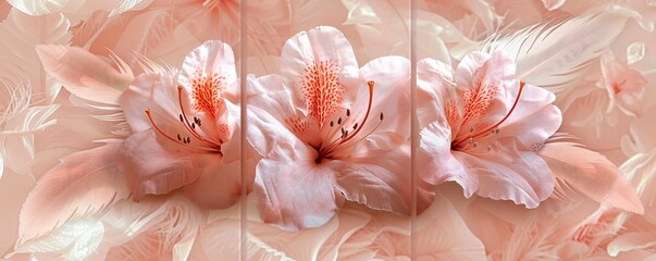 Triptych wall art featuring a symphony of azalea flowers and delicate feathers on a smooth marble canvas