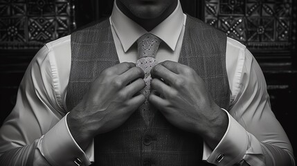 A phantom financier in a waistcoat, adjusting his ethereal tie, with a black and white mosaic tile backdrop