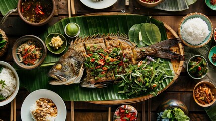 A traditional Thai feast spread across a banana leaf mat, featuring spicy larb, crispy fried fish, and fragrant jasmine rice.