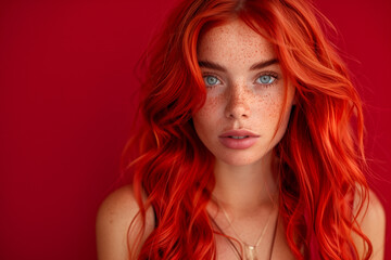 Fototapeta premium A woman with red hair and blue eyes is standing in front of a red background