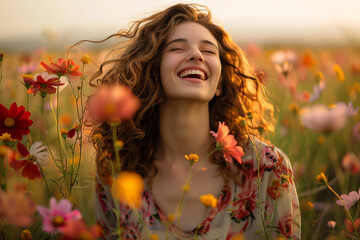 Naklejka premium A woman with curly hair is smiling in a field of flowers