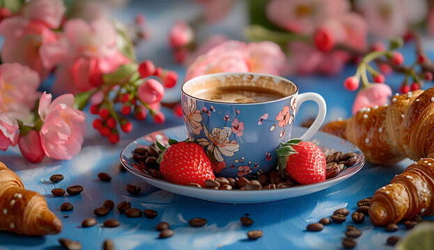 cup of coffee with strawberries and berries