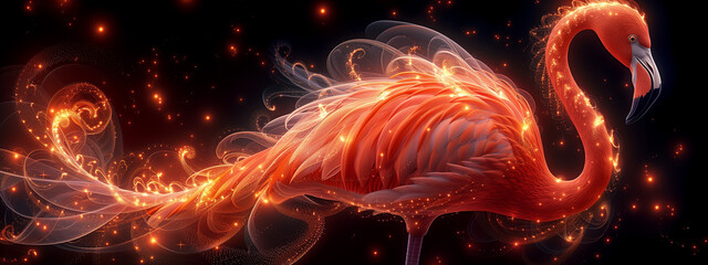 Fractal flamenco: a surreal fusion of a flamingo's grace and vibrant fractal patterns, as it dances in a captivating display of color and movement - obrazy, fototapety, plakaty