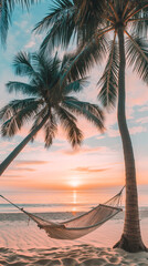 white rattan hanging chair on the beach, under the palm trees.