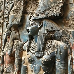 Ancient relief with Pharaoh and priests, inspires by Egyptian art of 18th dynasty	

