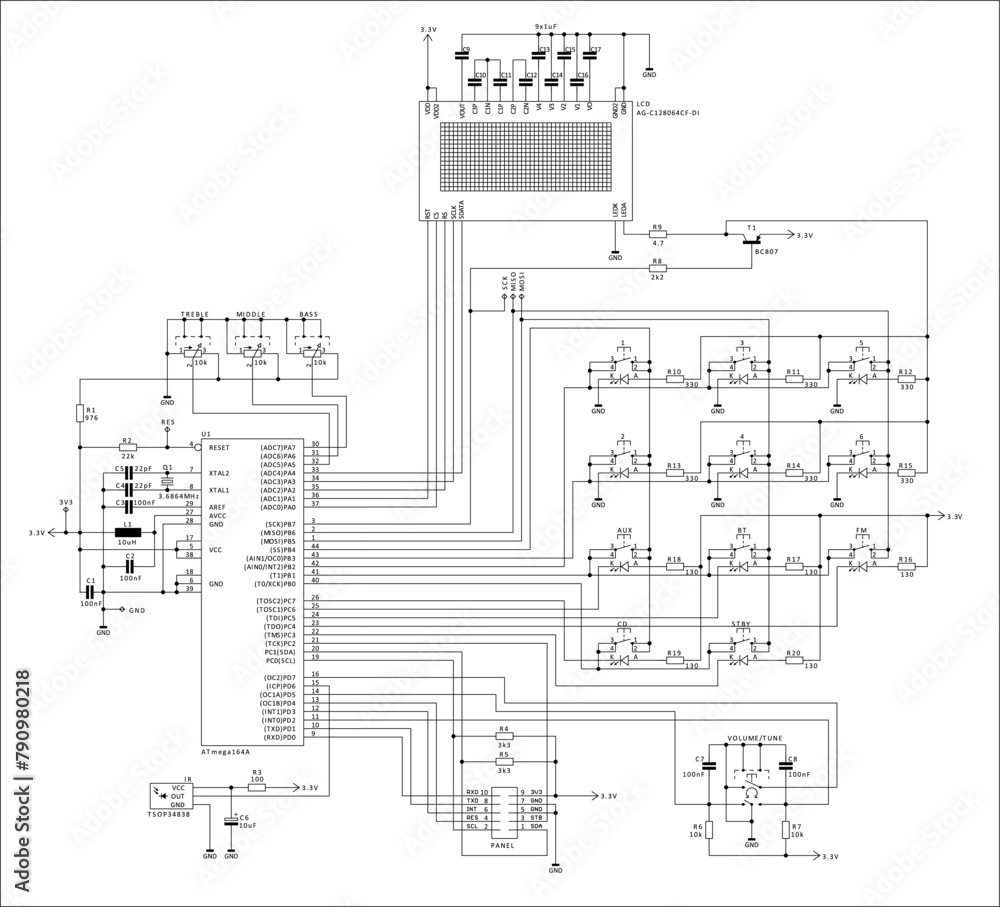 Poster schematic diagram of electronic device. vector drawing electrical circuit with lcd display, controll