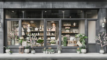 A window display of a flower shop with a woman doll in the window