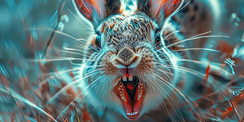 Rabbit Dental Disease: The Tooth Spikes and Drooling - Visualize a rabbit with highlighted teeth showing overgrowth, experiencing tooth spikes and drooling, illustrating the symptoms of dental disease - obrazy, fototapety, plakaty