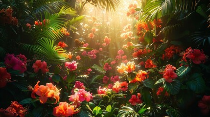 Beautiful background with exotic flowers in jungle and golden sun light