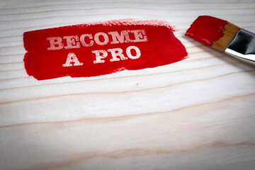 Become a Pro. Red paint and paint brush on wooden texture background - 790980482