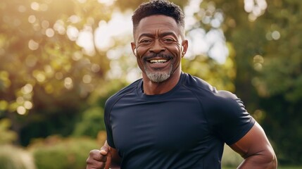 Obraz premium Happy black man running in park with music, smile and mockup in nature, garden and workout. Senior male, outdoor runner and motivation for fitness, energy and healthy exercise training with earphones