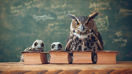 Wise owl in academic robes teaching a class of young eager animals about the secrets of the forest