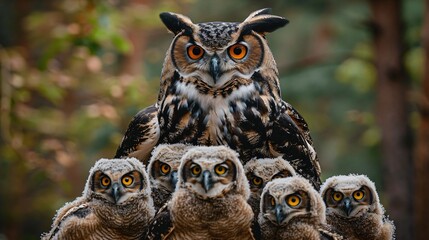 Wise owl in academic robes teaching a class of young eager animals about the secrets of the forest