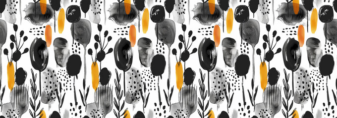 seamless pattern with organic black and yellow shapes for creative textiles, fabric and graphic design templates