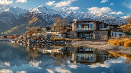 Fototapeta premium A tranquil lakeside retreat framed by snow-capped mountains, offering a peaceful escape for nature lovers and outdoor enthusiasts.