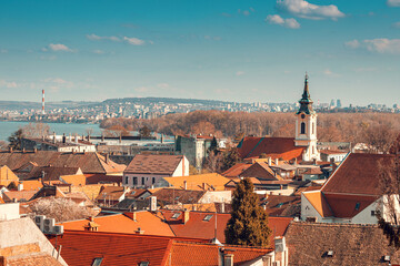 Explore Belgrade's skyline: A panoramic view of the cityscape along the Danube River, from the...