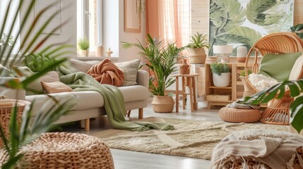 Cozy living room with natural and bohemian decor, featuring plants, wicker furniture, and soft textiles, creating a warm and inviting atmosphere. Concept of interior design, comfort, and bohemian styl