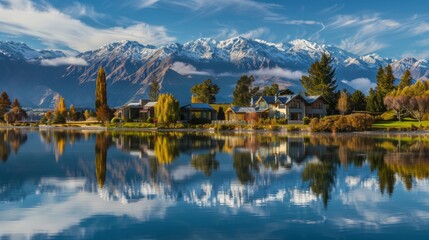 Fototapeta na wymiar A tranquil lakeside retreat framed by snow-capped mountains, offering a peaceful escape for nature lovers and outdoor enthusiasts.