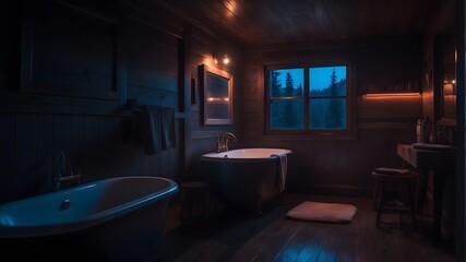 Fototapeta premium A Wooden Bathroom Cabin In Forest, Cinematic Light
