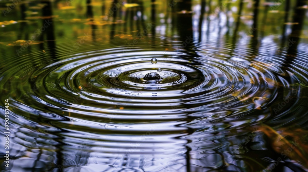 Poster A tranquil scene of raindrops falling gently onto a still pond, creating concentric ripples that expand across the surface of the water.