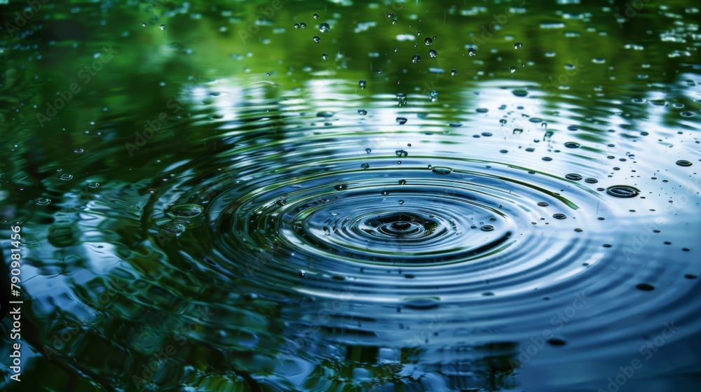 Aufkleber a tranquil scene of raindrops falling gently onto a still pond, creating concentric ripples that exp