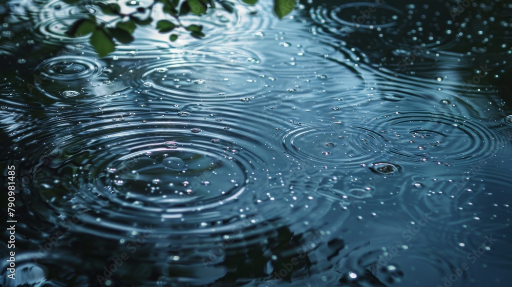Poster A tranquil scene of raindrops falling gently onto a still pond, creating concentric ripples that expand across the surface of the water.