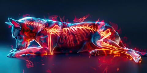 Canine Discospondylitis: The Back Pain and Fever - Visualize a dog with highlighted spine showing infection, experiencing back pain and fever - obrazy, fototapety, plakaty