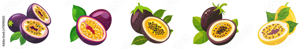 Wall mural Flat vector illustration of passion fruit from different angles isolated on transparent background	