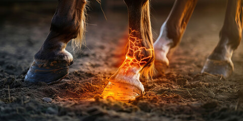 Equine Navicular Disease: The Heel Pain and Lameness - Picture a horse with highlighted hoof showing bone degeneration, experiencing heel pain and lameness,
