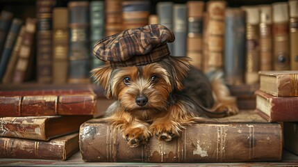 Yorkshire terrier exploring an old library finding secret passages and hidden treasures wearing a scholars cap - obrazy, fototapety, plakaty