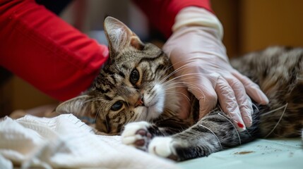 A vet tech bandaging the paw of an injured cat, showcasing skilled and compassionate care for furry patients.